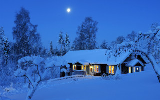 Snowy house fullmoon forest winter - a house free wallpaper