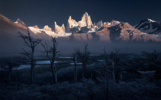 Mountain river forest trees clouds - magical free wallpaper for desktop