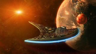 Space station planet red moon - a space station in the middle of a planet free wallpaper