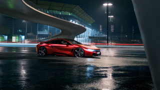 Red sports car night curved - photorealistic lighting free wallpaper