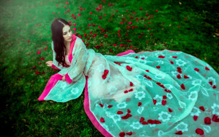 Woman dress flower field kimono - a woman in a dress free wallpaper