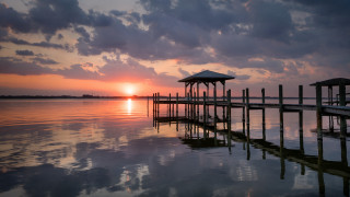 Pier gazebo sunset water clouds 2 - a pier free wallpaper
