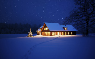 Snow christmas house lights aurora - night free wallpaper