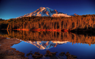 Mountain reflection trees sunset volcano - the water and trees free wallpaper