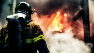 Firefighter future city fire smoke - david lachapelle free wallpaper