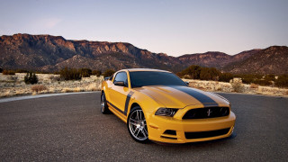 Yellow mustang parking lot mountains - matte finish free wallpaper for desktop