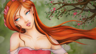 Red haired woman pink dress 2 - a painting of a woman free wallpaper