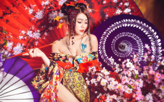 Woman colorful dress parasol flower - fei danxu free wallpaper