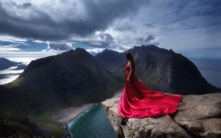 Woman red dress rock lake 2 - a rock free wallpaper