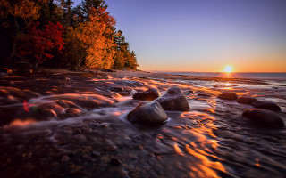 Sunset beach rocks trees water - autumn free wallpaper