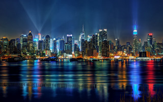 City skyline reflection night lights 3 - the building and the water free wallpaper