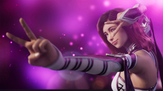 Woman pointing purple background blurry - a finger free wallpaper