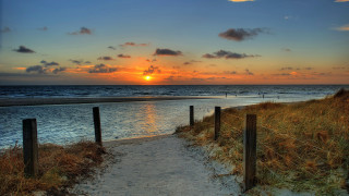 Sunset beach path ocean bridge - the sun free wallpaper