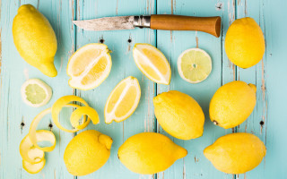 Knife lemons blue table postminimalism - a still life free wallpaper