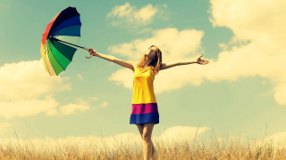Woman yellow dress rainbow umbrella - a yellow dress holding free wallpaper