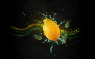 Orange water splash green leaves - ultra realistic digital art free wallpaper