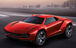 Red sports car city skyline - a foggy sky free wallpaper