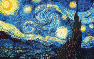 Starry night building mountain foreground - impressionist free wallpaper