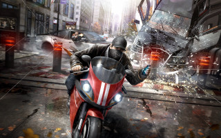 Man motorcycle city street explosion - game art free wallpaper