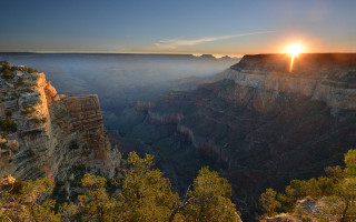 Sunset canyon trees rocks cliff - rim light free wallpaper
