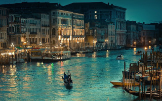 Boat city night lights water 2 - a matte painting free wallpaper