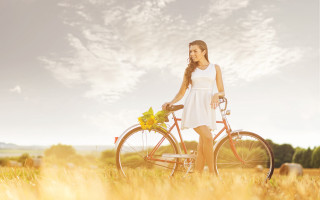 Woman white dress bike field - araceli gilbert free wallpaper