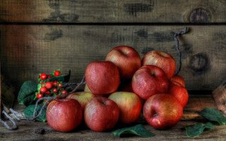 Apples wooden table planter box - fall vibrancy free wallpaper