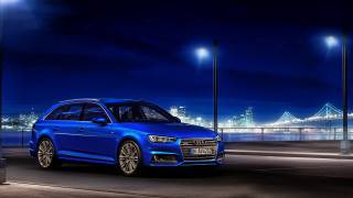Blue car parking lot night - a bridge in the background free wallpaper