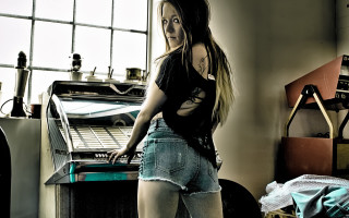 Woman window computer desk denim - a window behind her free wallpaper