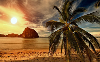 Palm beach sunset rock formation - a matte painting free wallpaper for desktop