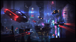 Futuristic city car spaceship night - matte painting concept art free wallpaper