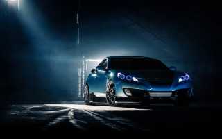 Blue car dark garage headlights - side and a light free wallpaper