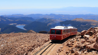 Red train mountain lake sunset - stuckism free wallpaper for desktop