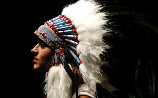 Woman headdress feathers profile blackbackground - an airbrush painting free wallpaper for desktop
