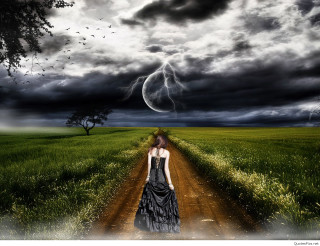 Woman walking dirt road lightning - stormy weather free wallpaper