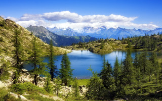 Lake mountains trees blue sky 16 - naturalism free wallpaper