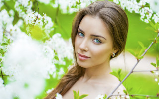 Woman blue eyes flowers tree - facial feature free wallpaper