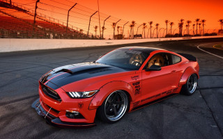Red mustang driving sunset palm - a track free wallpaper