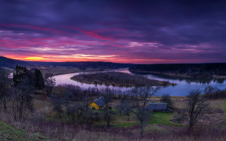 Sunset lake house yellow roof - magic realism free wallpaper for desktop