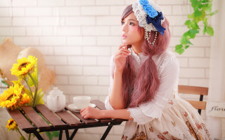 Pink haired woman coffee flower - cosplay free wallpaper