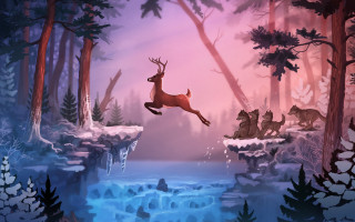 Deer leaping frozen waterfall forest - game art free wallpaper