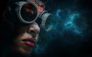 Woman gasmask staring blue red - cyberpunk art free wallpaper