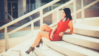 Woman red dress stairs arabesque - a set of stairs free wallpaper