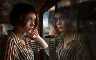 Window woman striped shirt portrait - striped free wallpaper