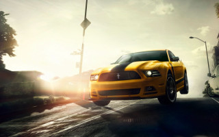 Yellow mustang city street 3d - a city street free wallpaper