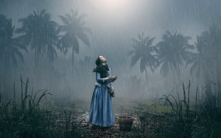Woman blue dress rain flower - art photography free wallpaper for desktop