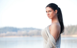 Woman long hair lake outdoors - her arm free wallpaper