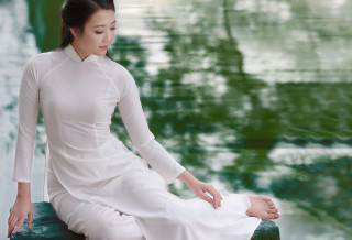 Woman white dress bench water - a bench next free wallpaper