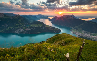 Sunset mountain lake city horizon - mountain free wallpaper for desktop