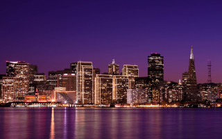 City skyline night purple water 4 - the city free wallpaper